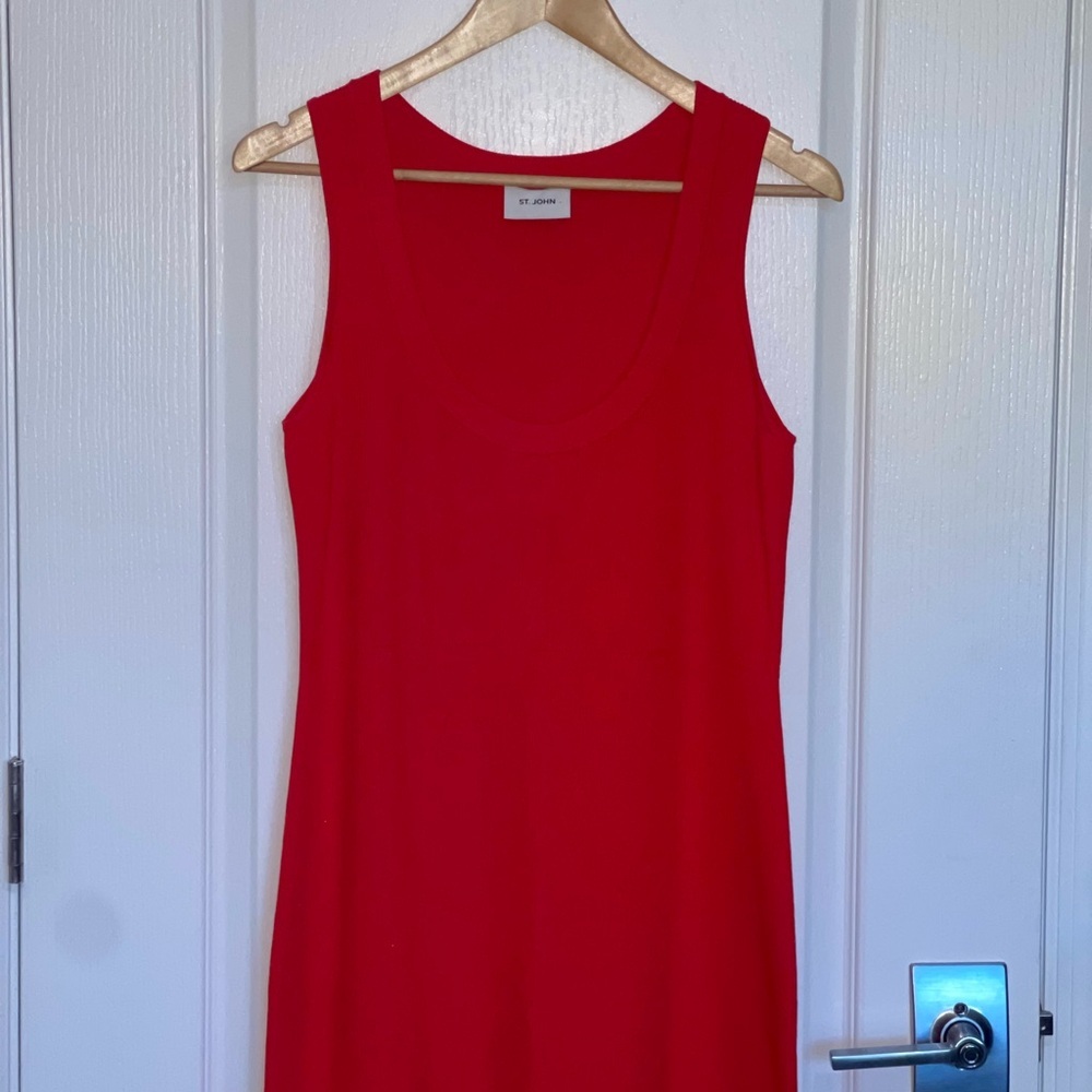 St. John Collection Tank Dress Scoop Neck Ribbed Knit Bright Ruby Red Long Sz Lg - Picture 5 of 11